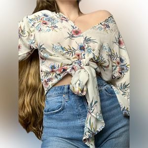 Floral tie front flowy sleeve v-neck blouse